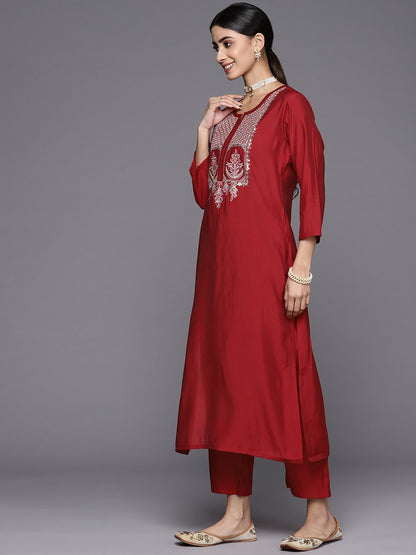 Indyancart VA Women's Red Floral Embroidered Sequinned Kurta with Trousers & With Dupatta