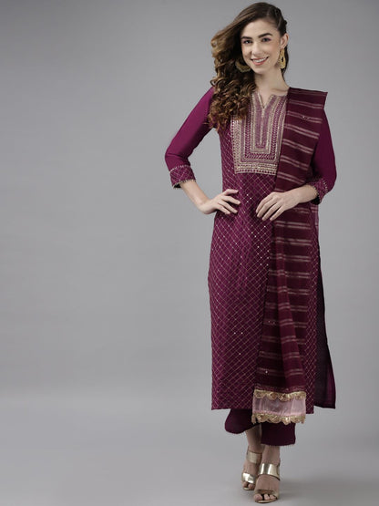 Dhiyona IE Women Burgundy Yoke Design Sequinned Liva Kurta with Trousers & With Dupatta