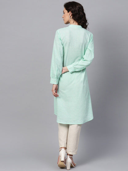 Indyancart IE Women Sea Green Checked Kurta