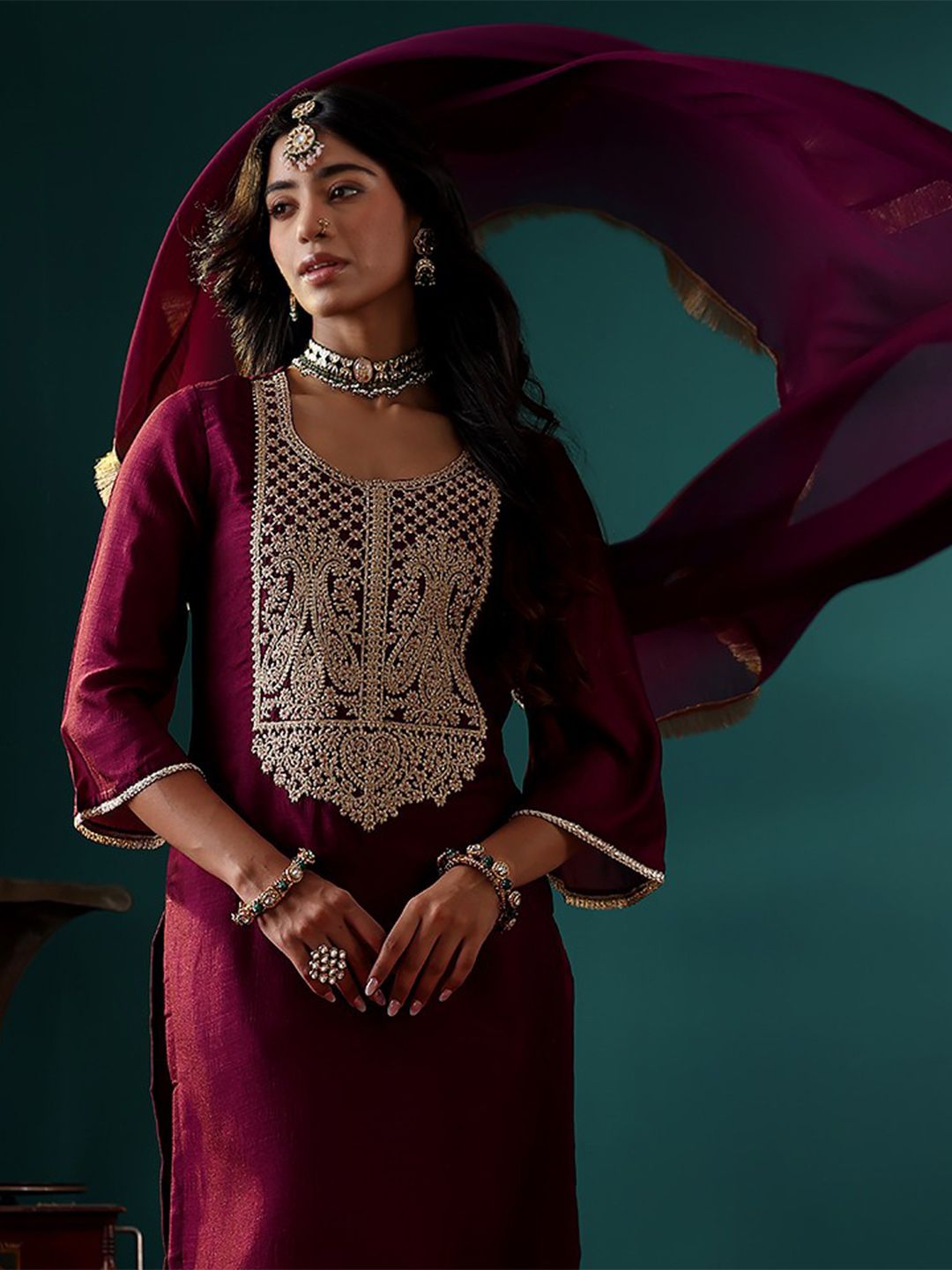 Indyancart VA Women Ethnic Motifs Embroidered Regular Kurta with Palazzos & With Dupatta