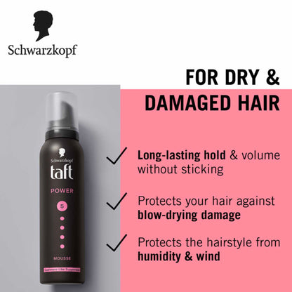 Schwarzkopf TAFT Power Hold 5 Hair Mousse To Controls Frizz, Lasts 24 Hours With No Stickiness