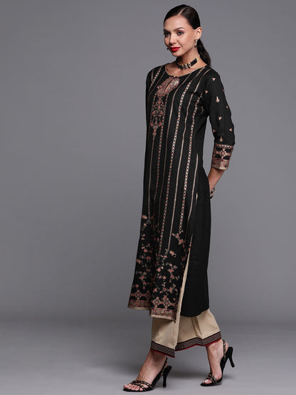 Indyancart IE Women Black & Gold-Toned Ethnic Motifs Foil Print Keyhole Neck Straight Kurta