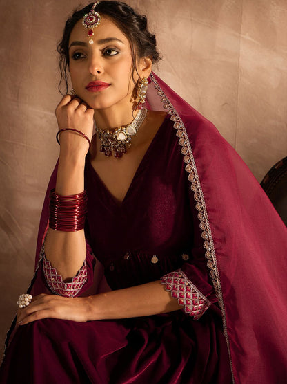Indyancart IE Women Empire Thread Work Velvet Kurta with Trousers & With Dupatta