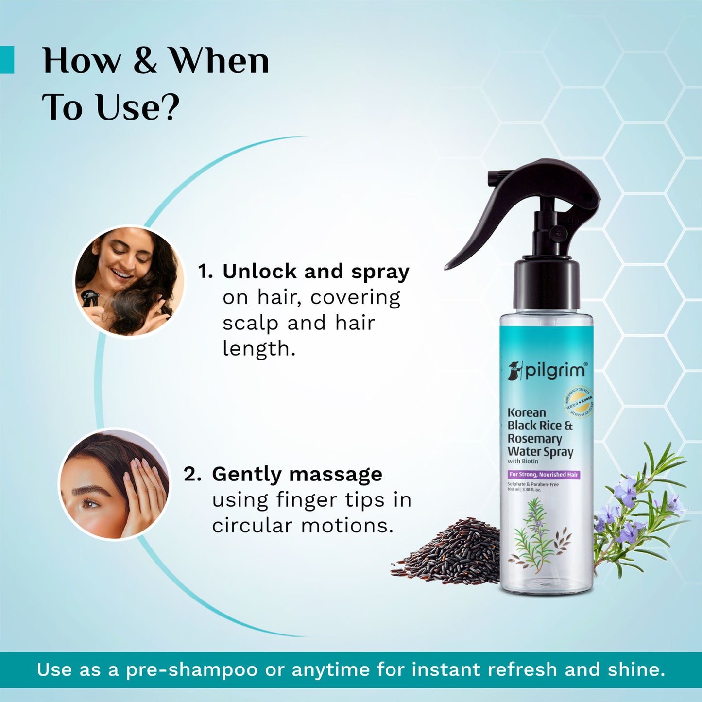 Pilgrim Korean Black Rice & Rosemary Water Spray With Biotin For Strong & Nourised Hair Growth
