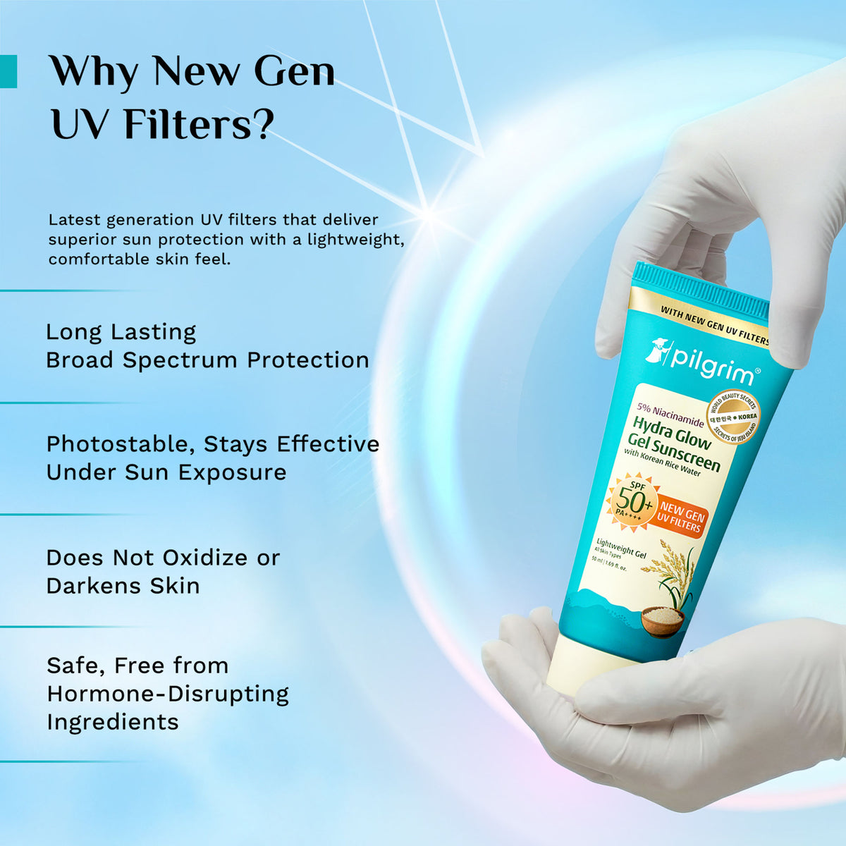 Pilgrim 5% Niacinamide Hydra Glow Gel Sunscreen SPF 50+ PA++++ In-Vivo tested & New Gen UV filter