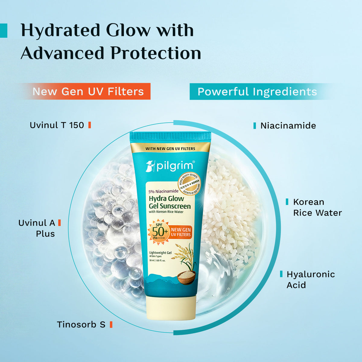 Pilgrim 5% Niacinamide Hydra Glow Gel Sunscreen SPF 50+ PA++++ In-Vivo tested & New Gen UV filter