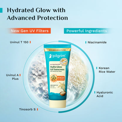 Pilgrim 5% Niacinamide Hydra Glow Gel Sunscreen SPF 50+ PA++++ In-Vivo tested & New Gen UV filter