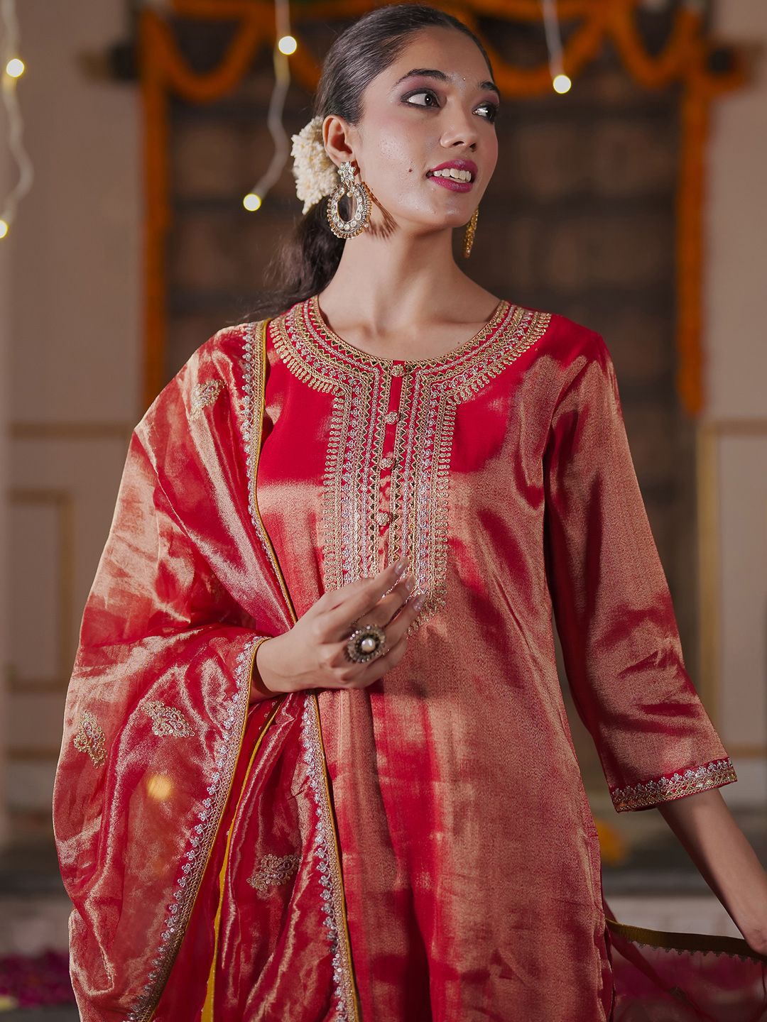 Women Ethnic Motifs Embroidered Sequinned Liva Kurta with Trousers & With Dupatta