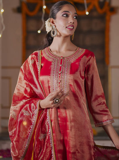Women Ethnic Motifs Embroidered Sequinned Liva Kurta with Trousers & With Dupatta