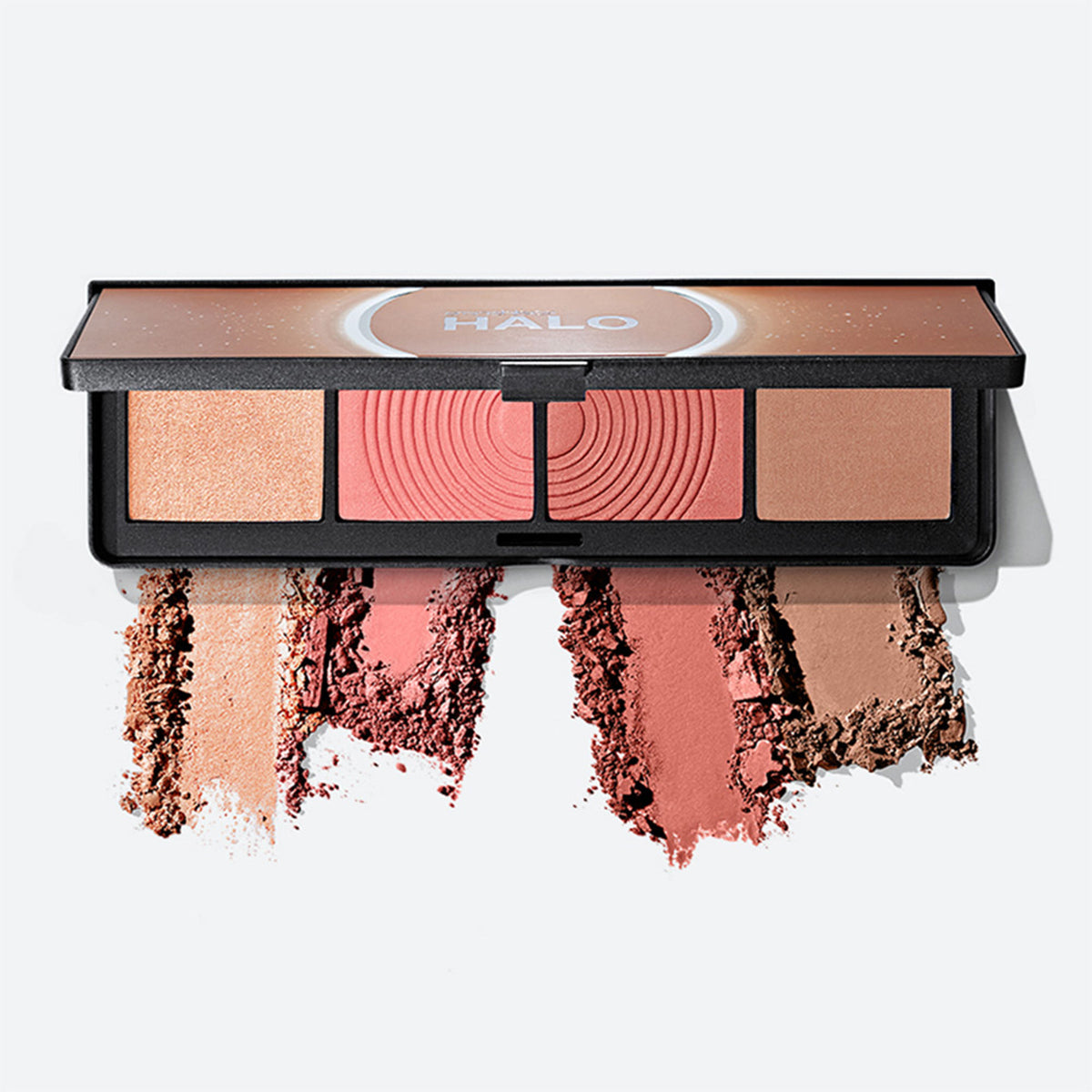 Smashbox Halo Contour, Blush, and Highlighter Palette in Back To Cali with multiple shades and mirror, displayed open.