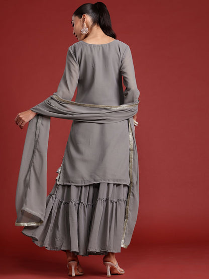 Indyancart IE Floral Embroidered Sequinned Kurta With Sharara & Dupatta