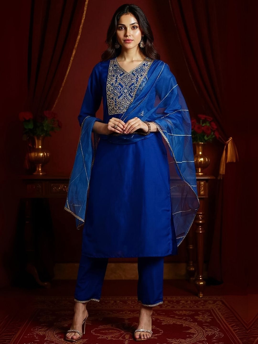 Yoke Design Zardozi Kurta With Trousers & Dupatta