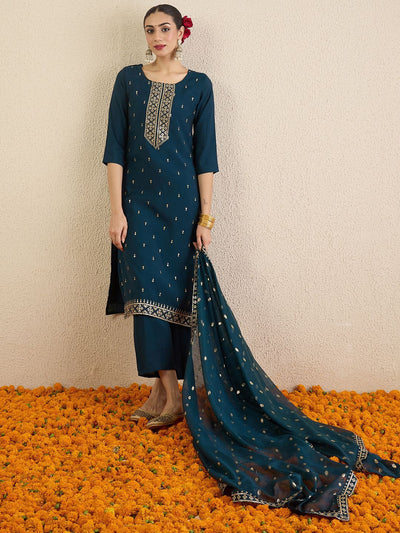Dhiyona IE Women Solid Embroidered Kurta with Palazzo & Dupatta