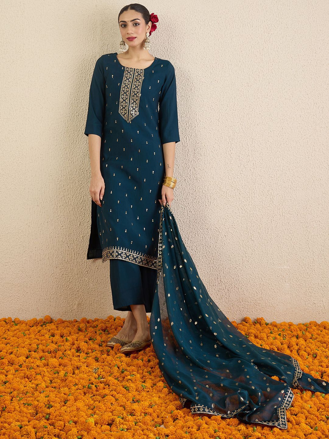 Women Solid Embroidered Kurta with Palazzo & Dupatta
