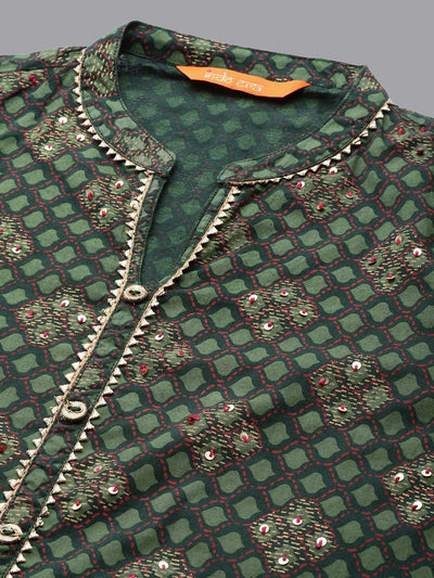 Dhiyona IE Women Green Ethnic Motifs Printed Pleated Gotta Patti Kurta with Palazzos & With Dupatta