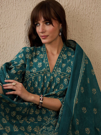 Women Floral Printed Empire Pure Cotton Kurta with Trousers & With Dupatta