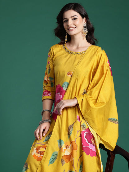 Dhiyona IE Floral Printed Beads & Stones Pure Cotton Kurta With Trousers & Dupatta