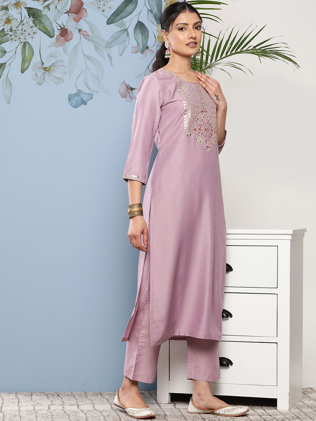 Indyancart VA Women's Floral Embroidered Sequinned Kurta With Trousers & Dupatta