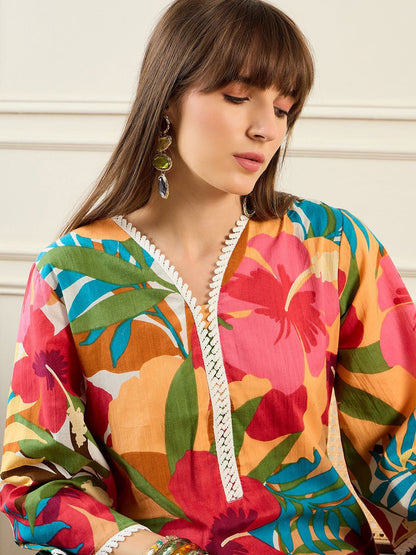 Dhiyona IE Floral Printed V-Neck Pure Cotton Tunic With Trouser