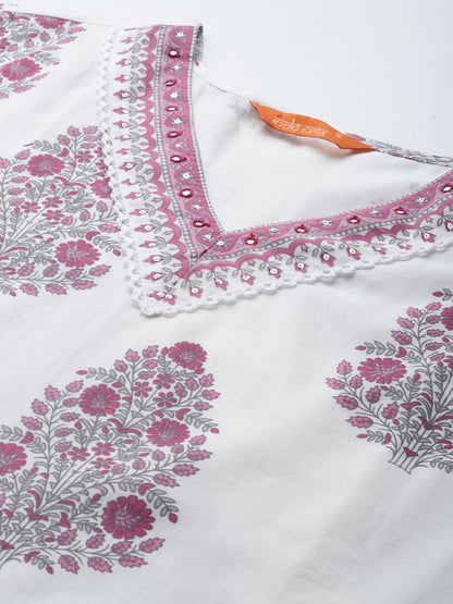 Indyancart IE Floral Printed Sequinned Pure Cotton Kurta with Trousers & With Dupatta