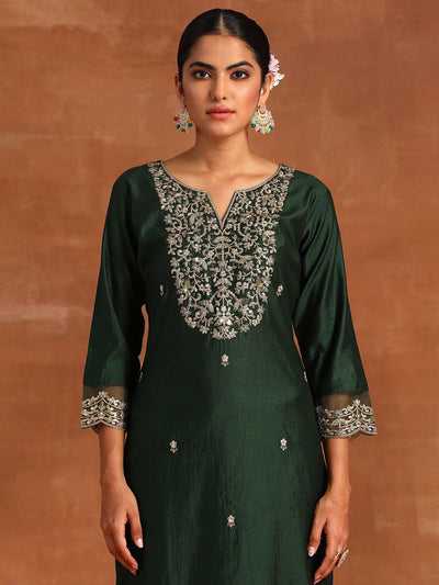 Dhiyona IE Floral Embroidered Thread Work Liva Kurta with Trousers & Dupatta