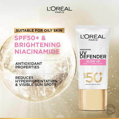 L'Oreal Paris UV Defender Serum Protector Sunscreen SPF 50 PA+++ bottle with bright, clear packaging and product label visible.