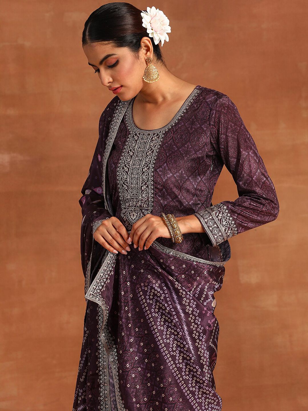 Indyancart IE Floral Embroidered Regular Sequinned Kurta With Trousers & Dupatta