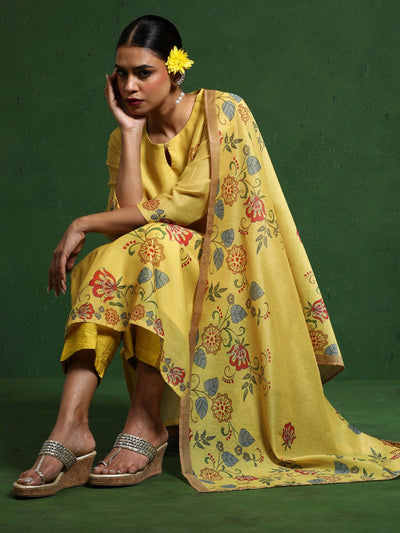 Indyancart VA Women'sFloral Embroidered Sequinned Chanderi Silk Kurta with Trousers & Dupatta