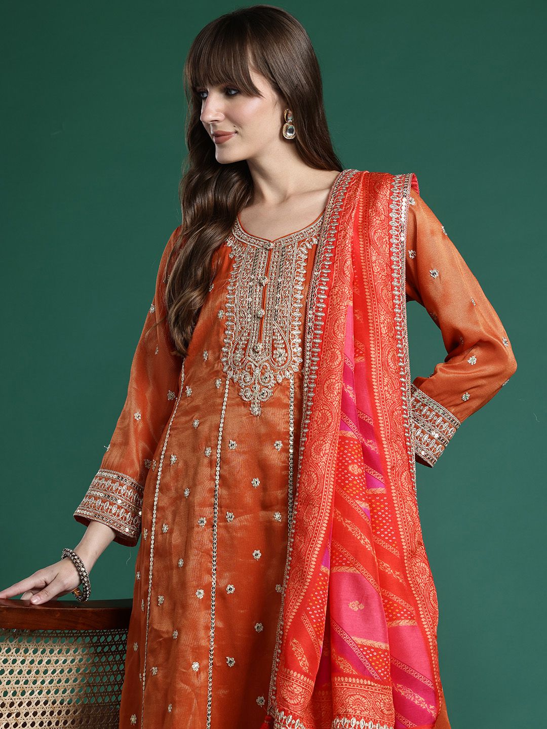 Ethnic Motifs Embroidered Sequinned Kurta with Trousers & With Dupatta