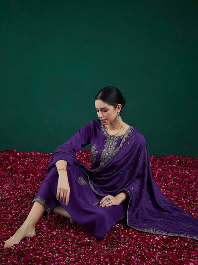 Indyancart IE Floral Embroidered Regular Sequinned Kurta Wwith Trousers & Dupatta