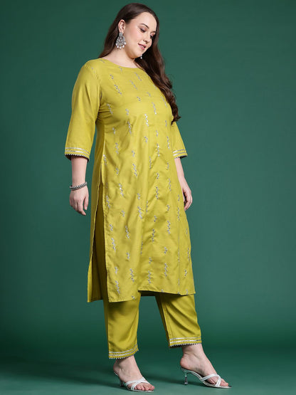 Dhiyona IE Plus Size Embroidered Sequinned Kurta With Trousers & Dupatta