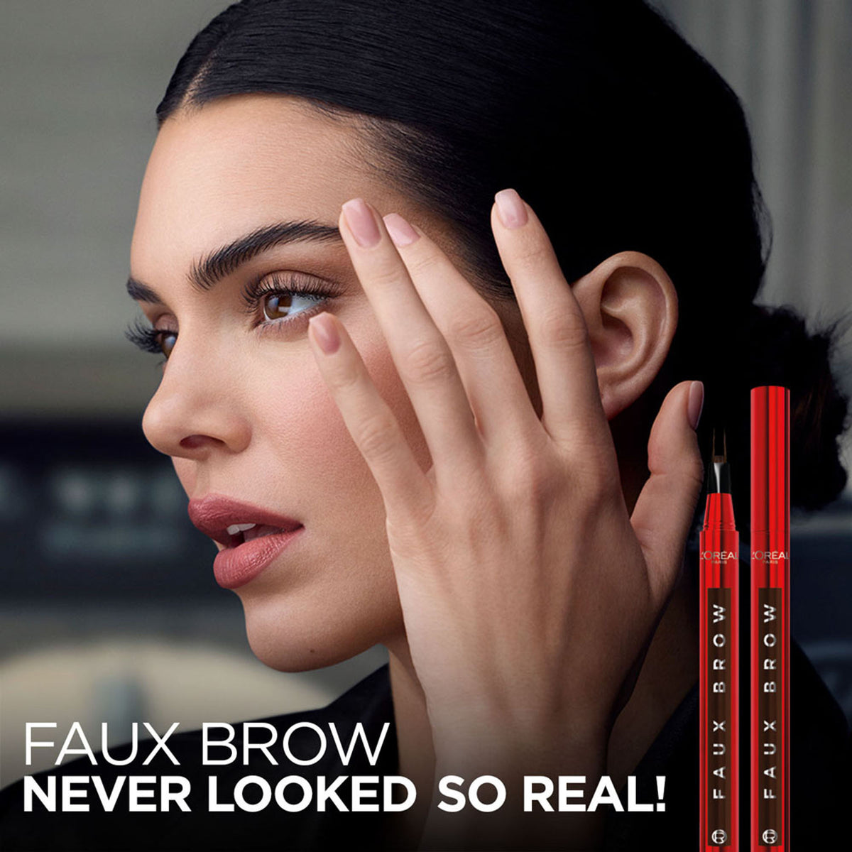 L'Oreal Paris Infaillible Faux Brow eyebrow pen in Dark Brunette, natural-looking full brow, close-up of the product tip and packaging.