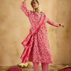 Dhiyona IE Red Floral Printed V-Neck Thread Work Straight Kurta With Trousers & Dupatta