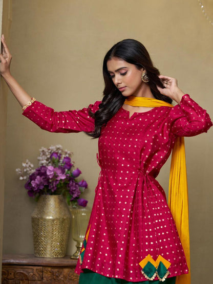 Dhiyona SN Women's Cotton Silk Zari Embroidered Kurti Dhoti and Dupatta Set