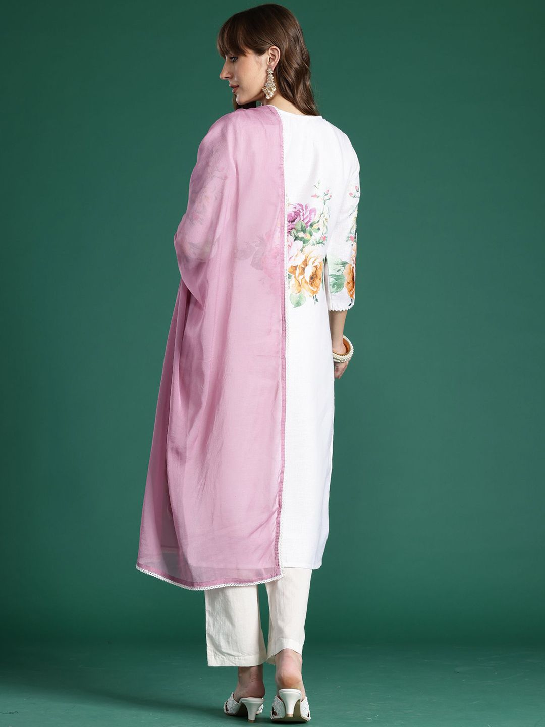 Indyancart IE Floral Printed Straight Beads and Stones Linen Kurta With Trousers And Dupatta