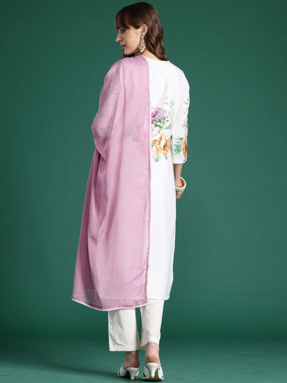 Indyancart IE Floral Printed Straight Beads and Stones Linen Kurta With Trousers And Dupatta