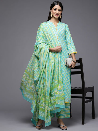 Dhiyona IE Women Blue Ethnic Motifs Printed Pure Cotton Kurta with Palazzos & With Dupatta