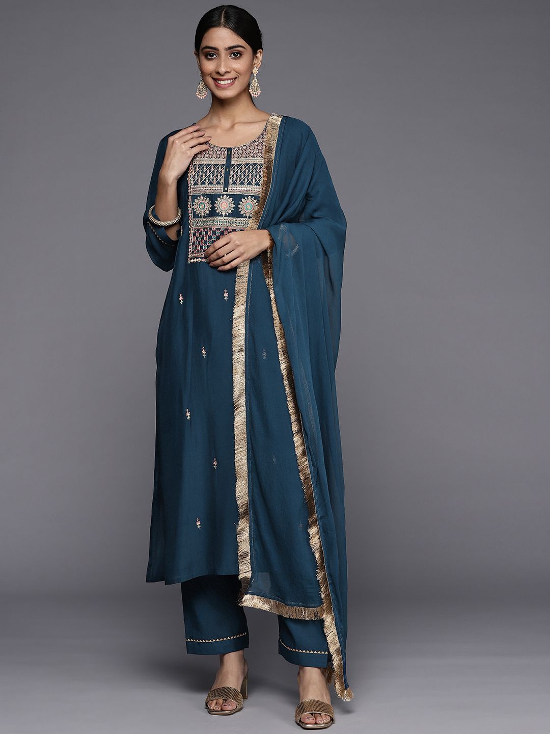 Indyancart VA Women's Teal Ethnic Motifs Embroidered Kurta with Trousers & With Dupatta