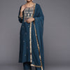 Indyancart VA Women's Teal Ethnic Motifs Embroidered Kurta with Trousers & With Dupatta