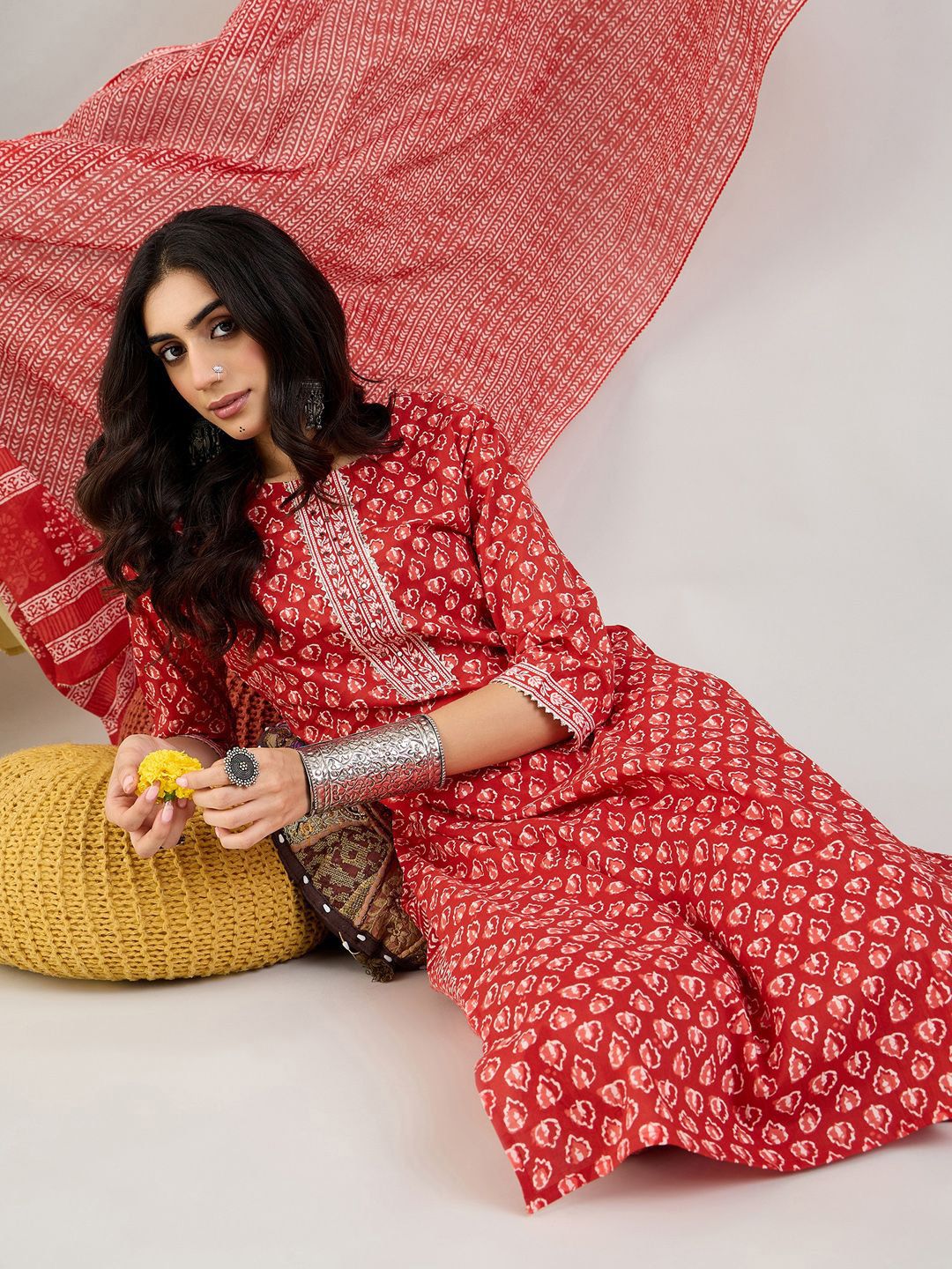 Indyancart IE Ethnic Motifs Printed Pure Cotton Straight Kurta With Trousers & Dupatta