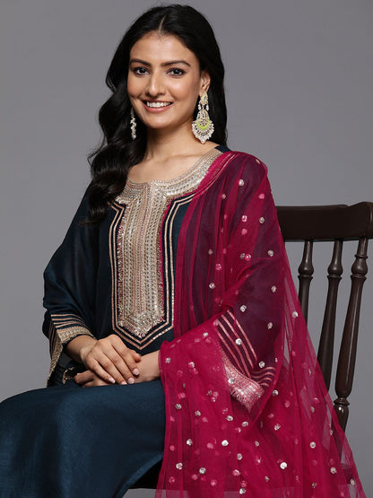 Indyancart VA Yoke Design Sequinned Kurta with Palazzos & With Dupatta