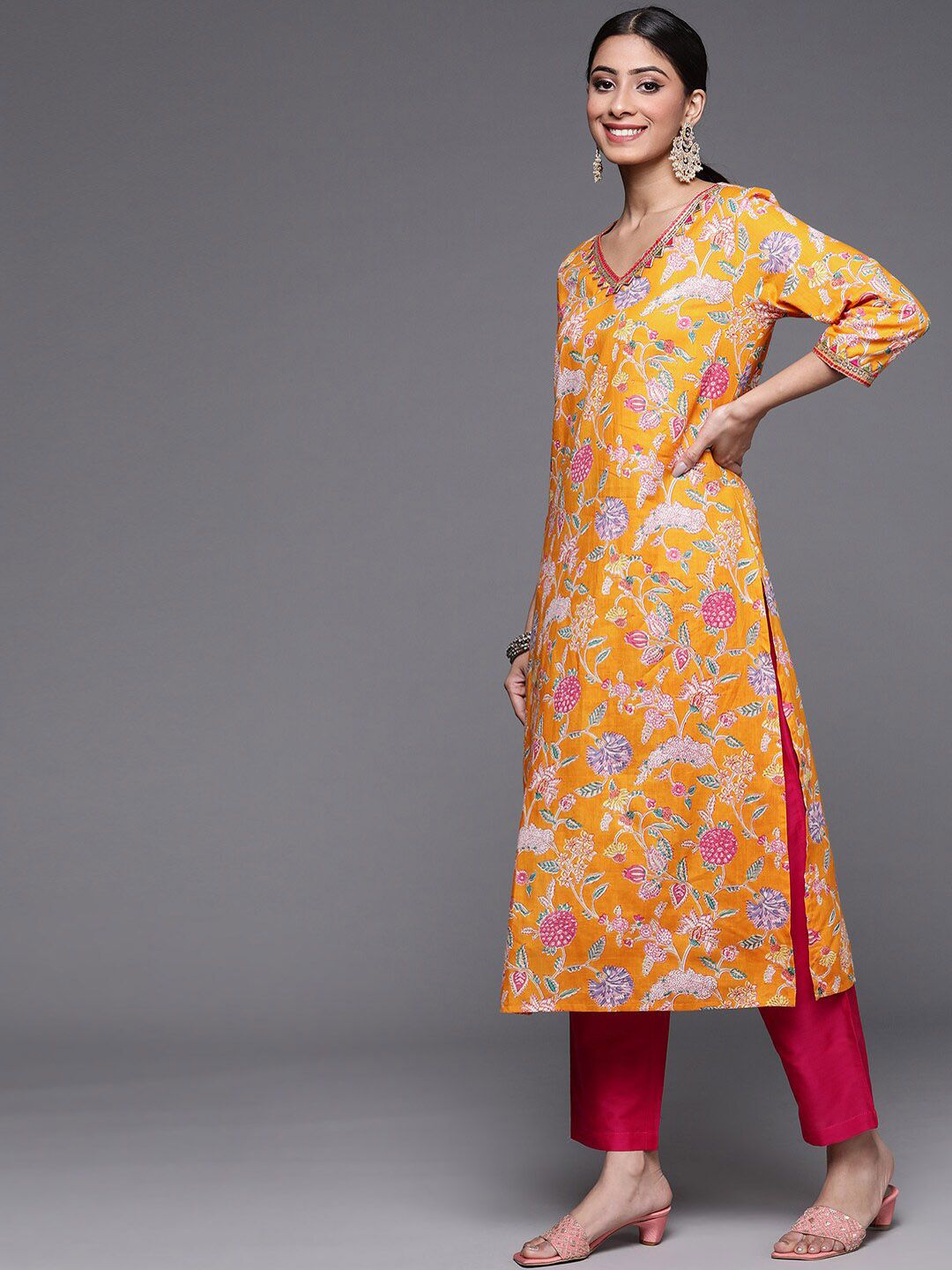 Indyancart VA Women's Yellow Printed Pure Cotton Kurta with Trousers & With Dupatta