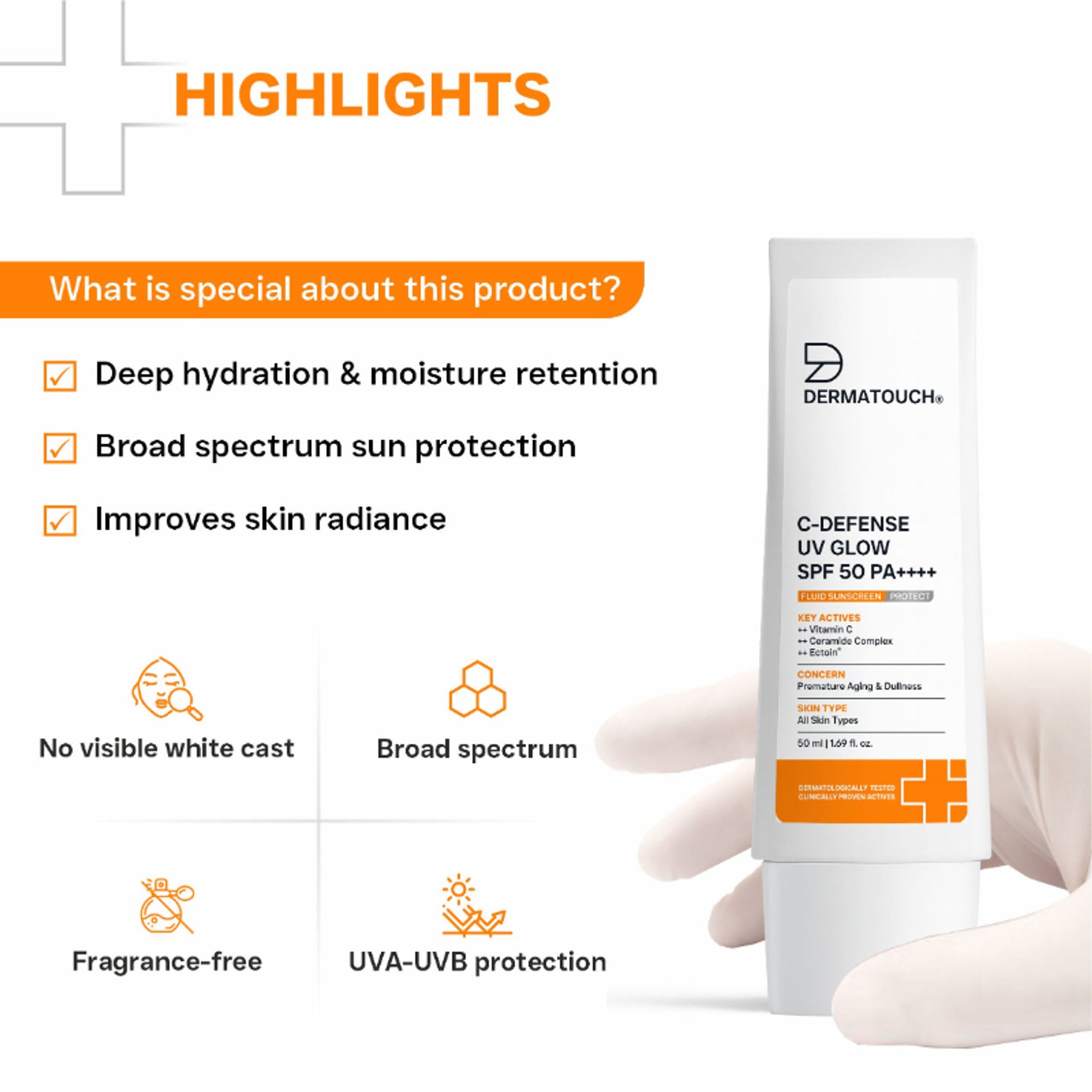 Dermatouch C-Defense UV Glow SPF 50 PA++++ Fluid Sunscreen