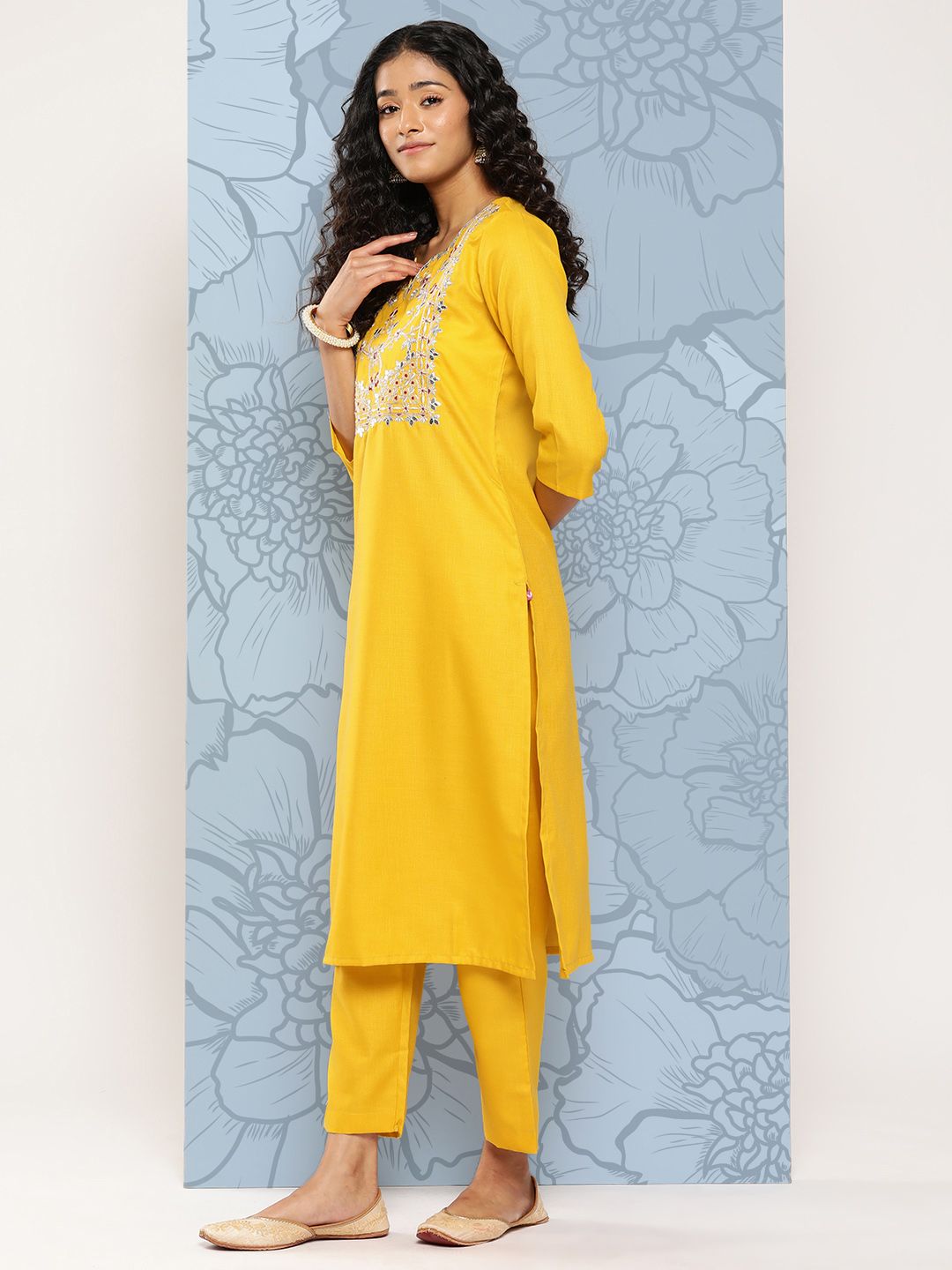 Indyancart VA Women's Floral Embroidered Regular Gotta Patti Kurta with Trousers & With Dupatta