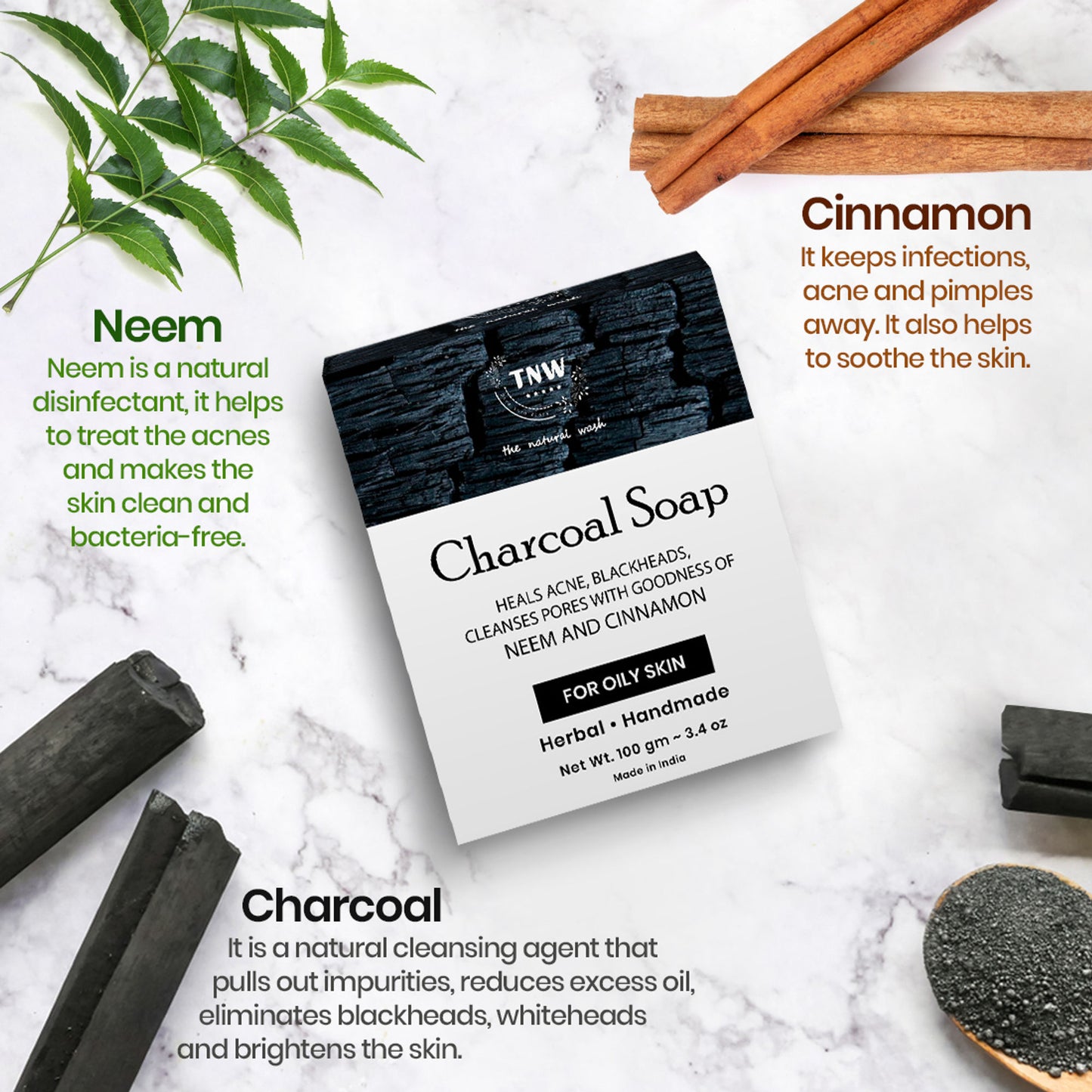 TNW The Natural Wash Handmade Charcoal Bathing Soap For Acne and Deep Cleansing - For Oily Skin