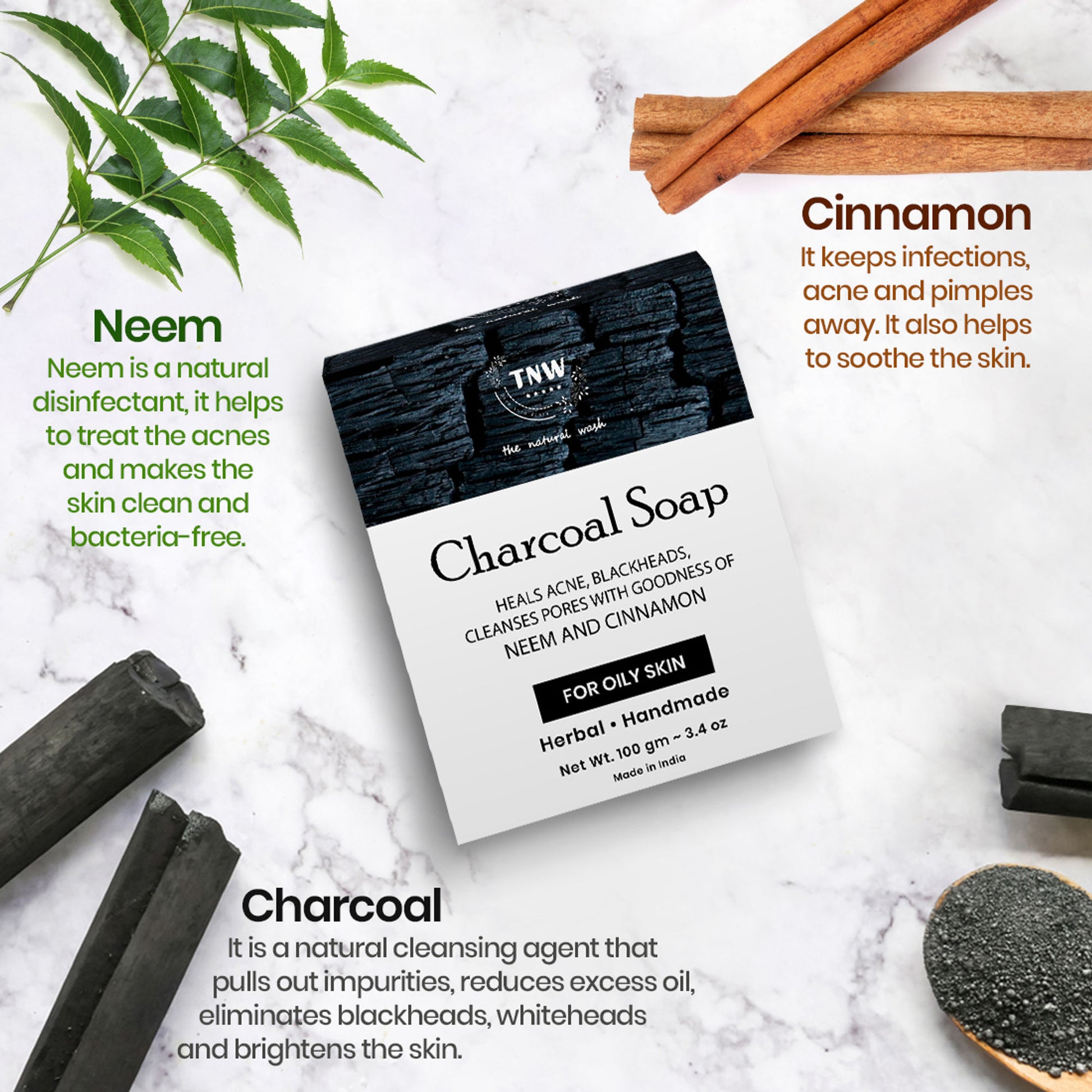 TNW The Natural Wash Handmade Charcoal Bathing Soap For Acne and Deep Cleansing - For Oily Skin