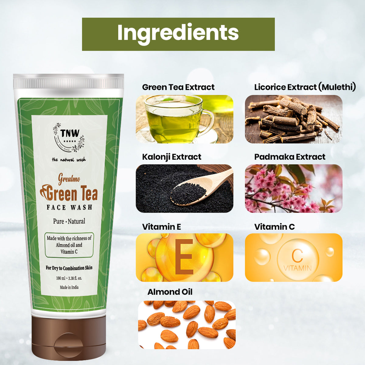 TNW The Natural Wash Green Tea Face Wash with Almond Oil for Soft Skin & Open Pores - For Dry Skin
