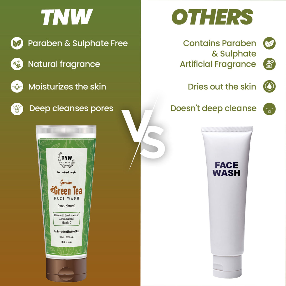TNW The Natural Wash Green Tea Face Wash with Almond Oil for Soft Skin & Open Pores - For Dry Skin
