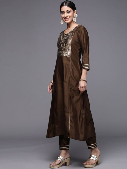 Dhiyona IE Women Brown Ethnic Motifs Yoke Design Kurta with Palazzos & With Dupatta