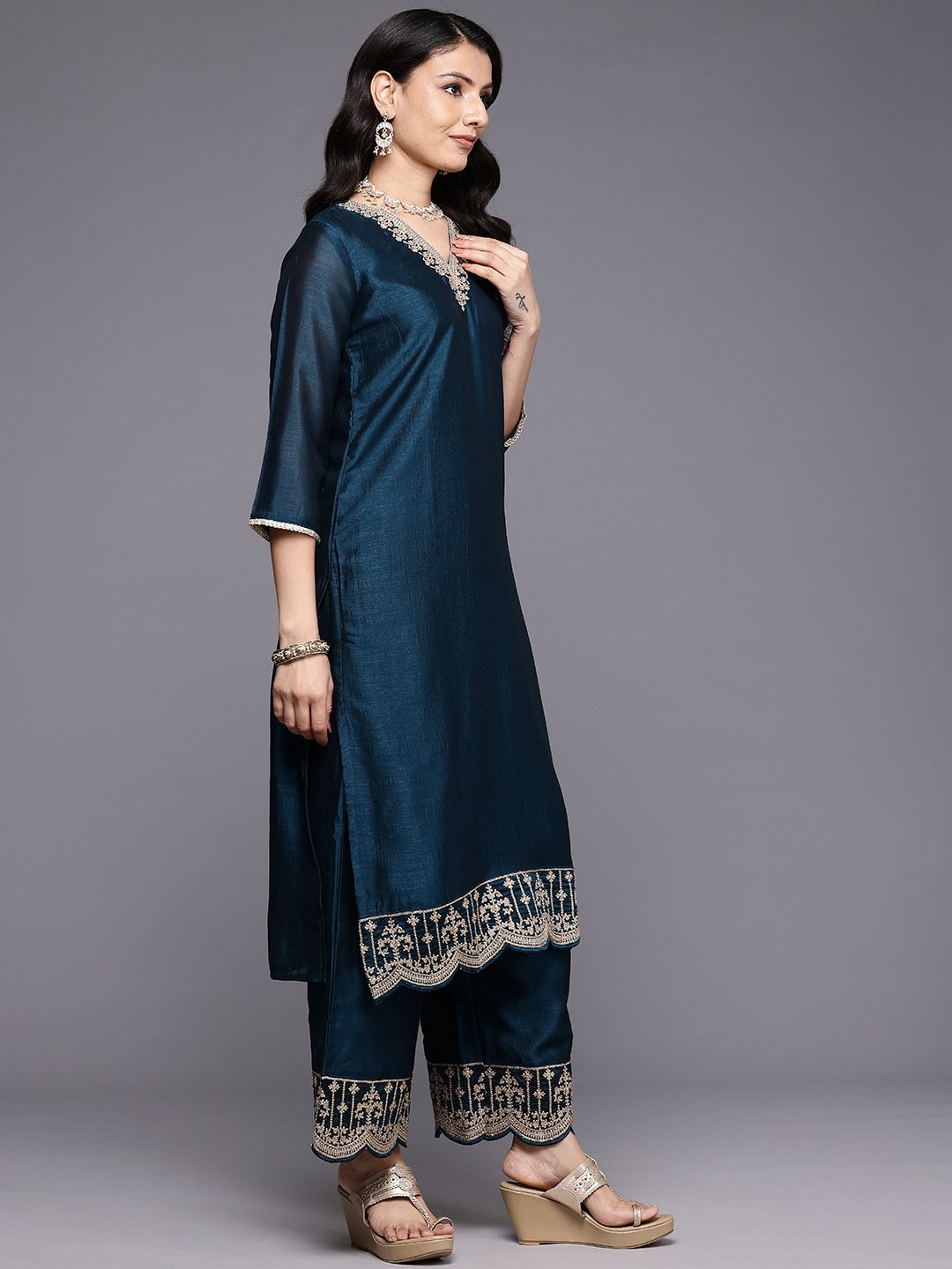 Indyancart VA Ethnic Motifs Embroidered Zari Kurta With Palazzos & Dupatta
